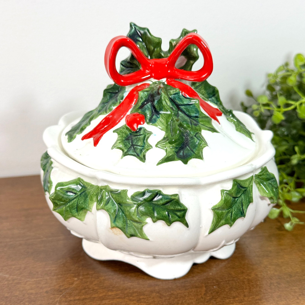 Vintage Lefton Holly Berry Christmas Covered Candy Dish Bowl #67751 Japan